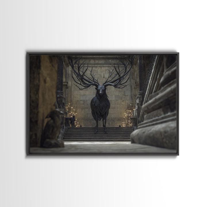 The Antlered Forest Spirit, Architectural Etching Art, Landscape Wall Art, Dark Fantasy Wall Art, Canvas Print
