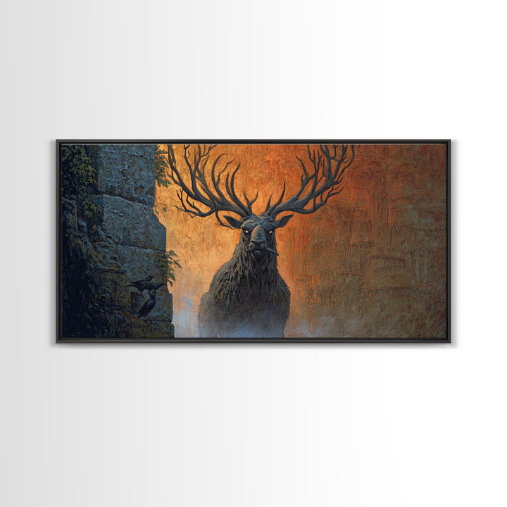The Antlered Forest Spirit, Apocalyptic Romantic Art, Wide Panoramic Art, Gothic Horror Wall Art, Canvas Print, Halloween Wall Art