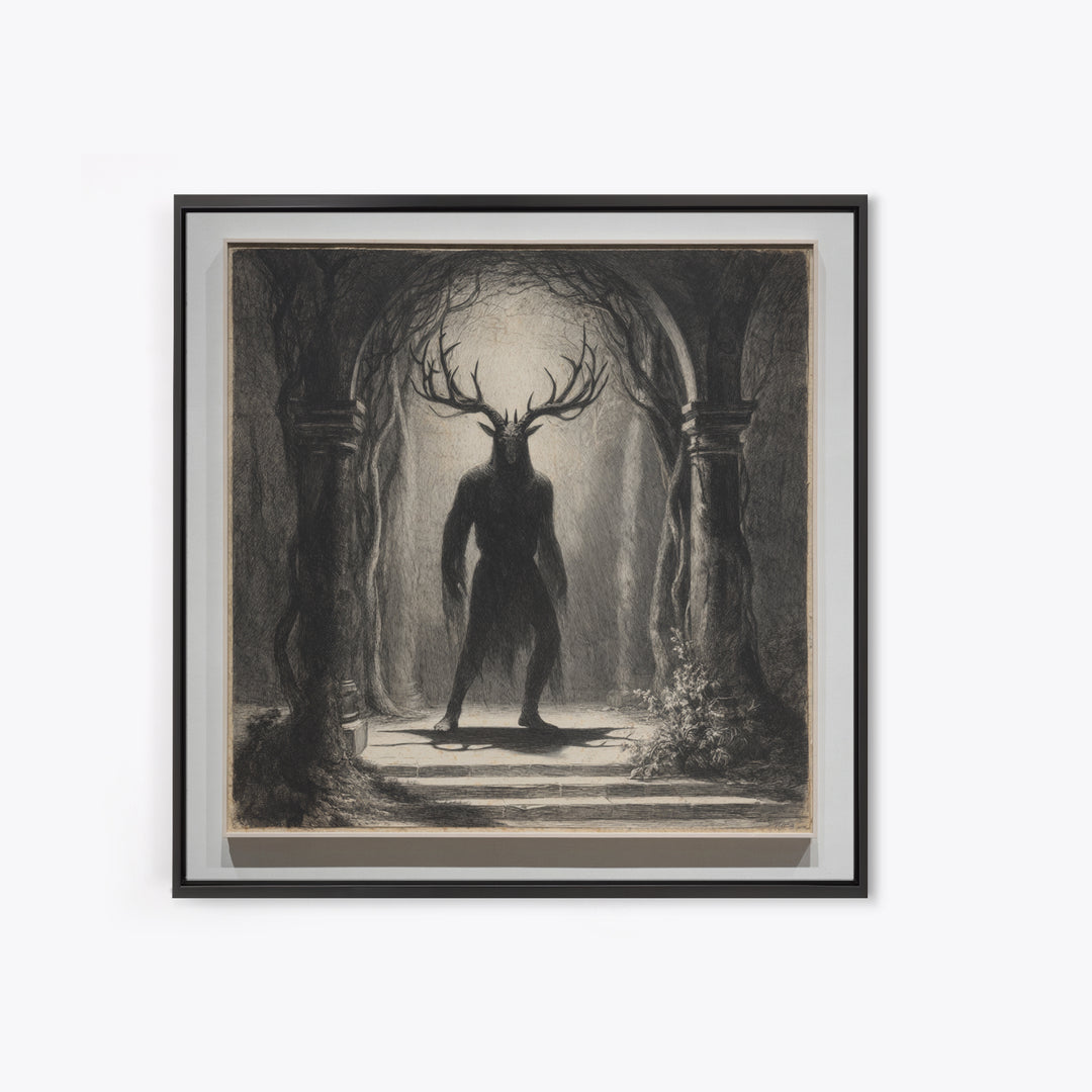 The Antlered Forest Spirit, Symbolist Dream Art, Square Wall Art, Macabre Wall Art, Canvas Print, Halloween Wall Art