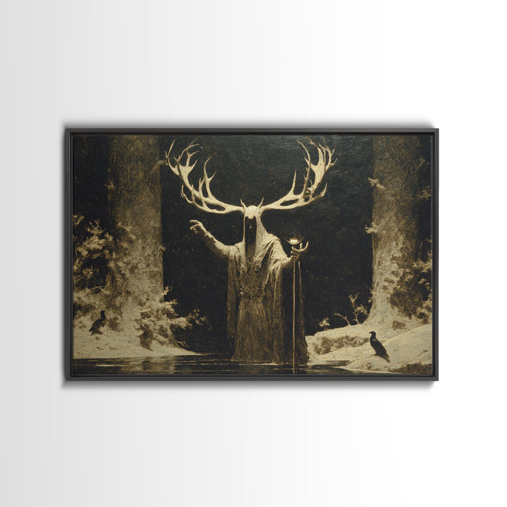 The Antlered Forest Spirit, Symbolist Gothic Landscape, Landscape Wall Art, Dark Fantasy Wall Art, Framed Canvas Print, Halloween Wall Art