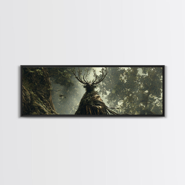 The Antlered Forest Spirit, Ornate Symbolist Art, Extra Wide Wall Art, Macabre Wall Art, Framed Canvas Print, Halloween Wall Art