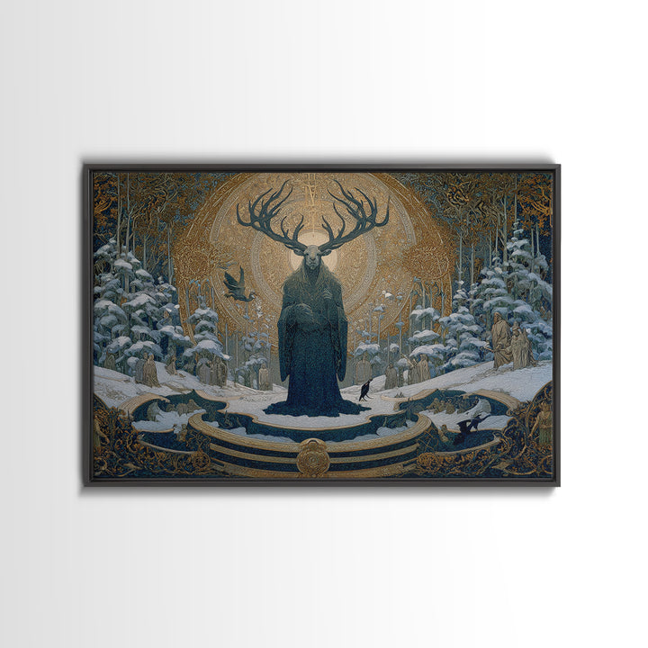 The Antlered Forest Spirit, Symbolist Death Art, Landscape Wall Art, Macabre Wall Art, Framed Canvas Print, Halloween Wall Art