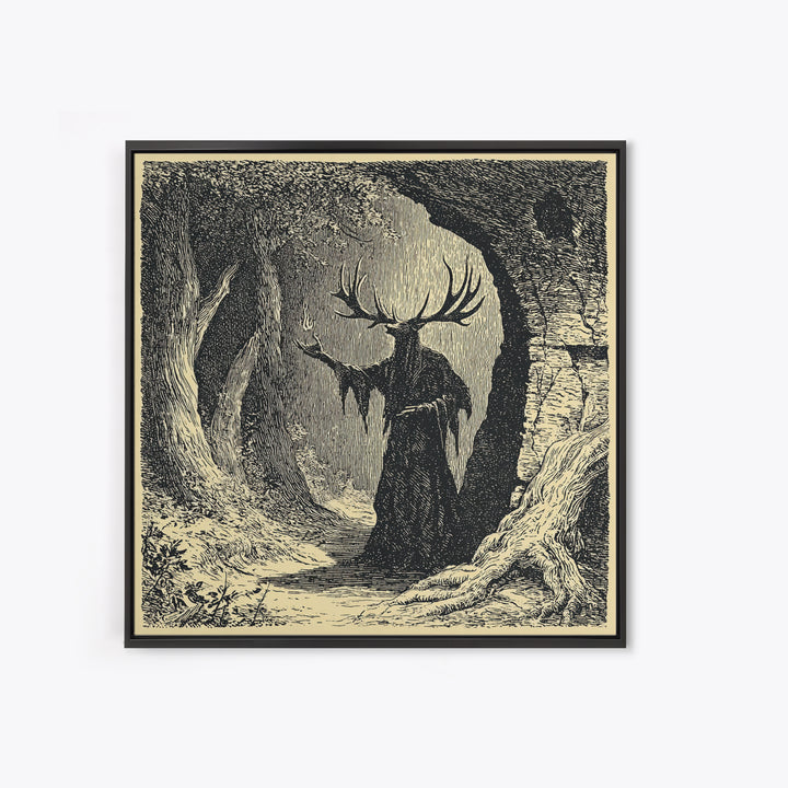 The Antlered Forest Spirit, Symbolist Etching Art, Square Wall Art, Dark Halloween Decor, Framed Canvas Print, Halloween Wall Art