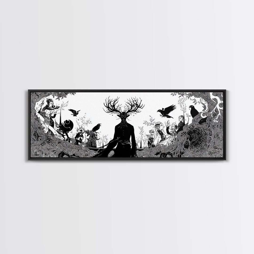 The Antlered Forest Spirit, Decadent Line Art, Extra Wide Wall Art, Dark Fantasy Wall Art, Canvas Print, Halloween Wall Art