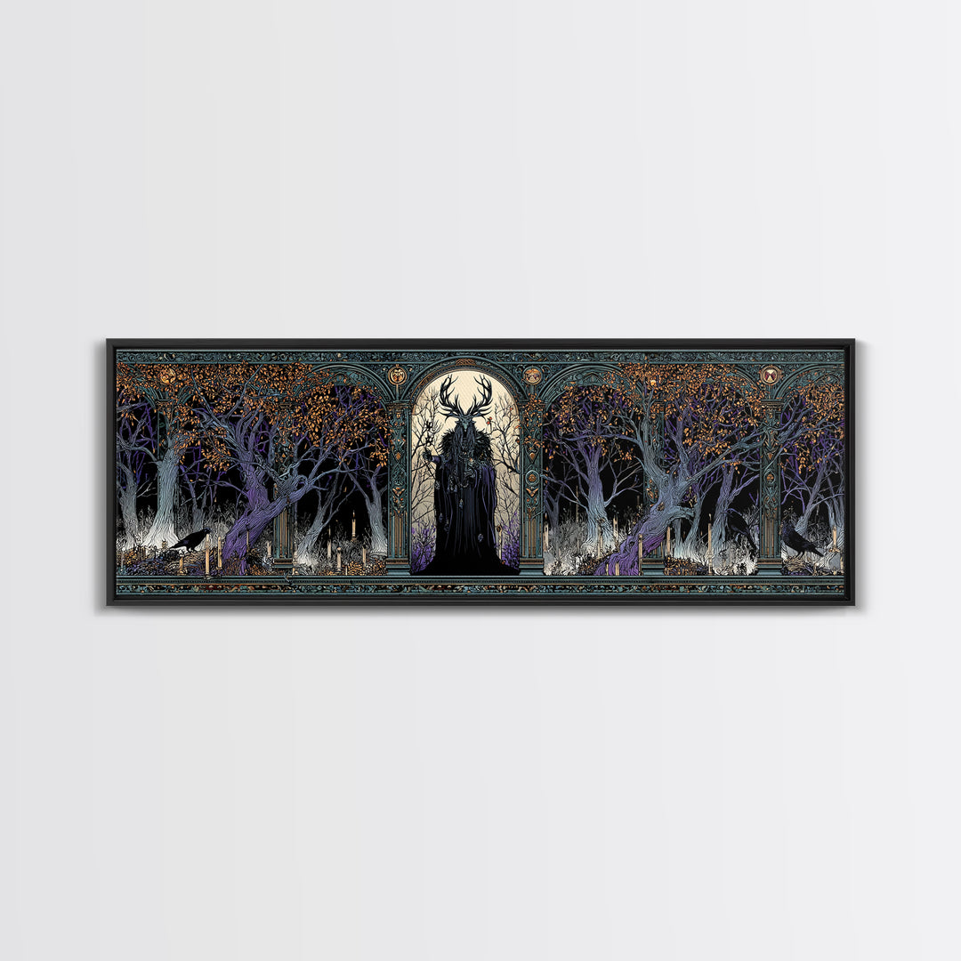 The Antlered Forest Spirit, Stained Glass Gothic Art, Extra Wide Wall Art, Dark Fantasy Wall Art, Framed Canvas Print, Halloween Wall Art