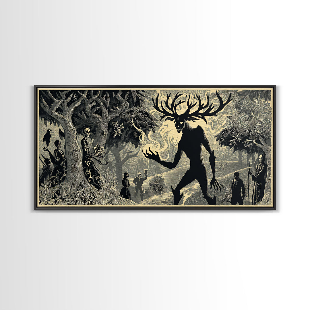 The Antlered Forest Spirit, Macabre Folk Print Art, Wide Panoramic Art, Dark Fantasy Wall Art, Canvas Print, Halloween Wall Art