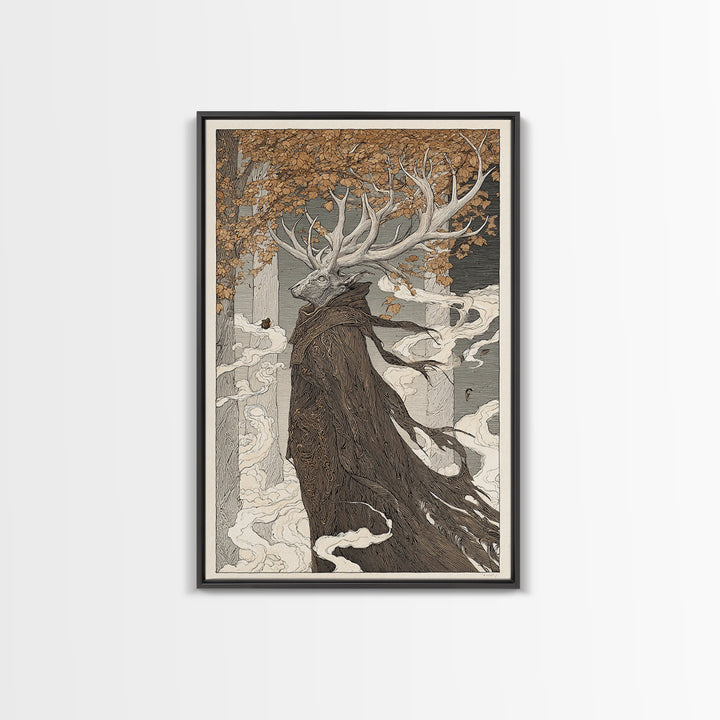 The Antlered Forest Spirit, Victorian Macabre Art, Vertical Wall Art, Gothic Horror Wall Art, Framed Canvas Print, Halloween Wall Art