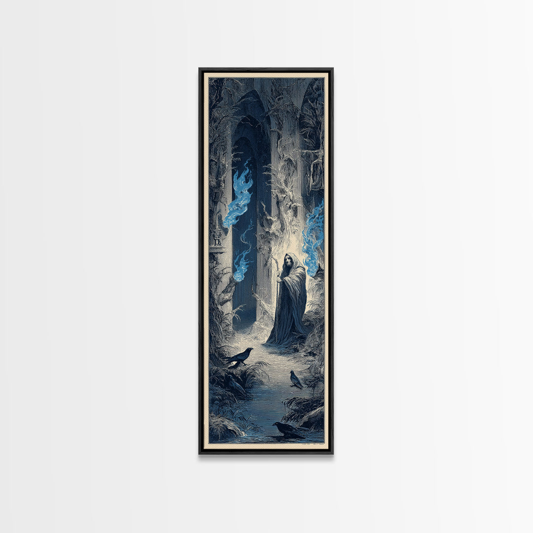 The Will-O'-The-Wisp Shepherd, Gothic Engraving Art, Tall Narrow Wall Art, Macabre Wall Art, Framed Canvas Print, Halloween Wall Art