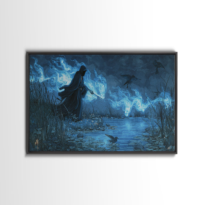 The Will-O'-The-Wisp Shepherd, Visionary Gothic Art, Wide Panoramic Art, Dark Halloween Decor, Canvas Print, Halloween Wall Art