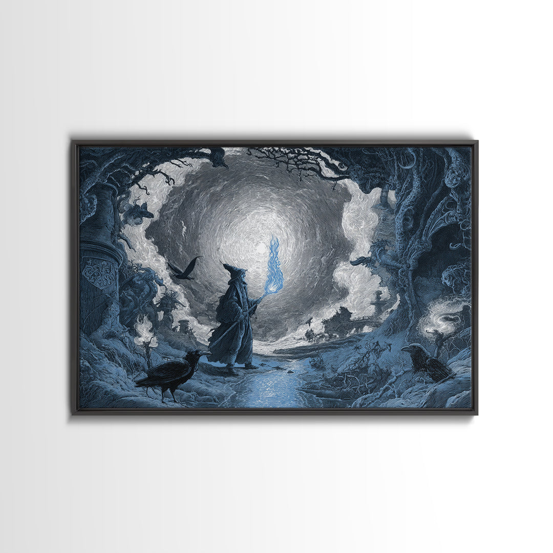 The Will-O'-The-Wisp Shepherd, Architectural Etching Art, Landscape Wall Art, Macabre Wall Art, Framed Canvas Print
