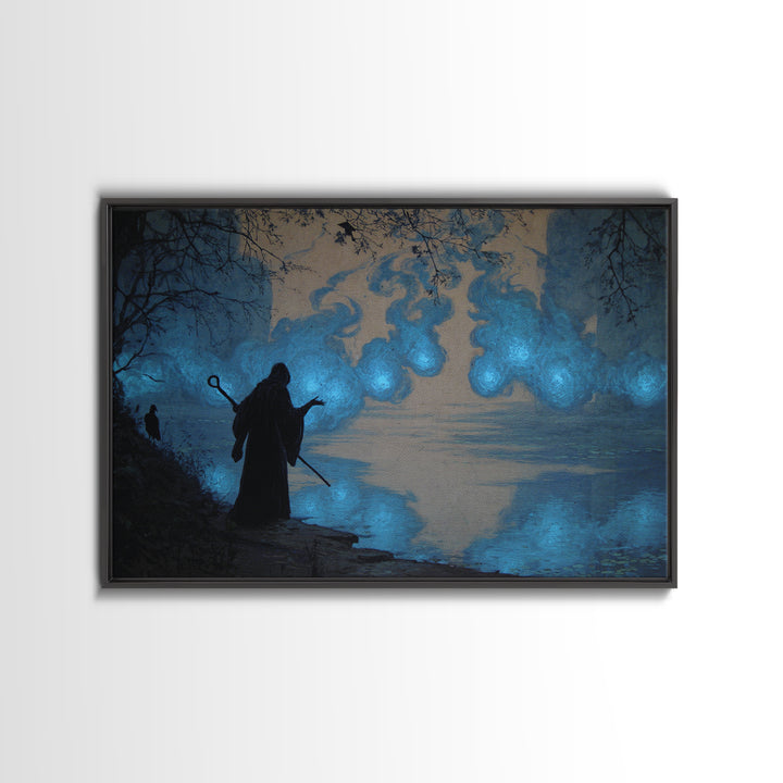 The Will-O'-The-Wisp Shepherd, Dark Symbolist Art, Landscape Wall Art, Macabre Wall Art, Framed Canvas Print, Halloween Wall Art