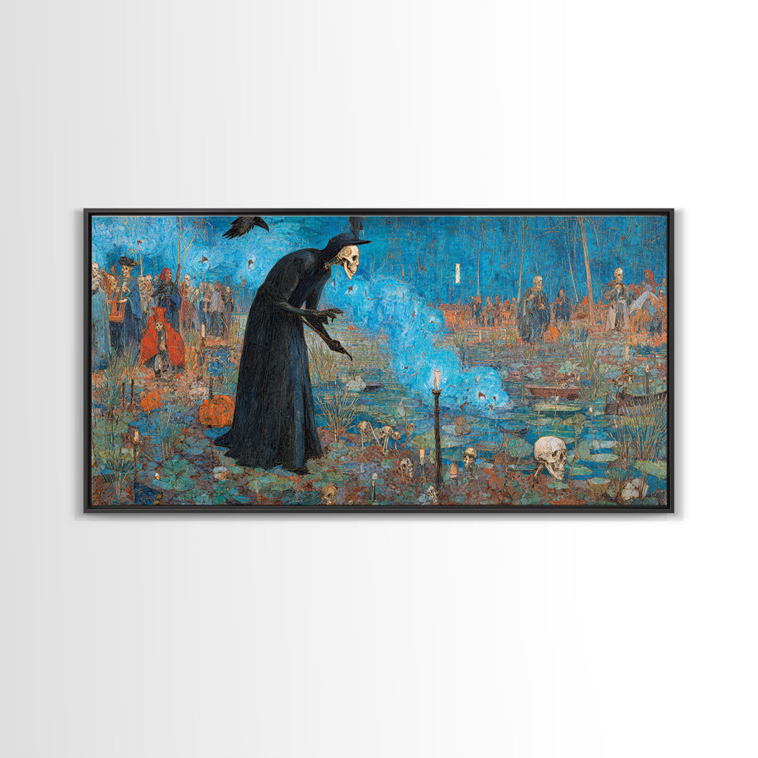 The Will-O'-The-Wisp Shepherd, Grotesque Carnival Art, Wide Panoramic Art, Dark Fantasy Wall Art, Framed Canvas Print, Halloween Wall Art