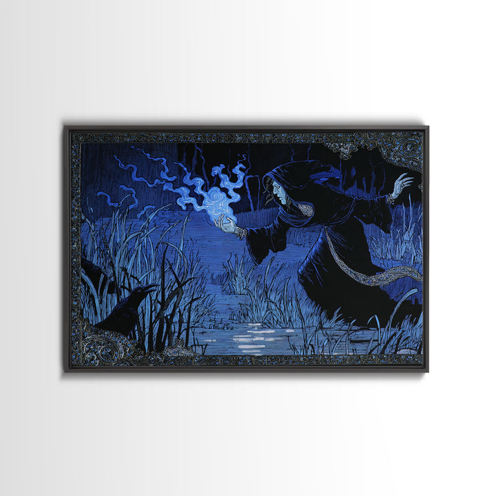 The Will-O'-The-Wisp Shepherd, Stained Glass Gothic Art, Landscape Wall Art, Gothic Horror Wall Art, Framed Canvas Print, Macabre Wall Art