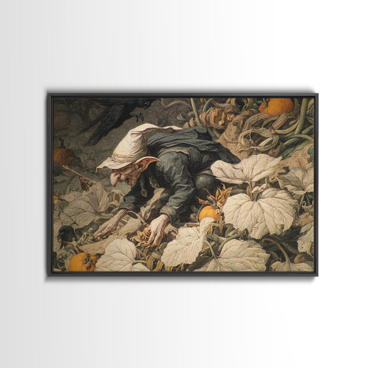 The Pumpkin Patch Goblin, Medieval Grotesque Art, Landscape Wall Art, Dark Fantasy Wall Art, Framed Canvas Print, Halloween Wall Art