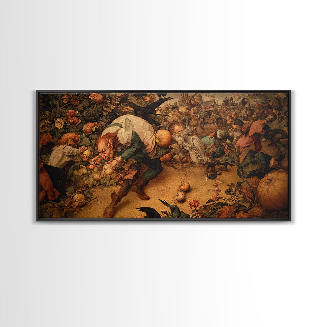 The Pumpkin Patch Goblin, Northern Renaissance Horror, Wide Panoramic Art, Dark Fantasy Wall Art, Framed Canvas Print