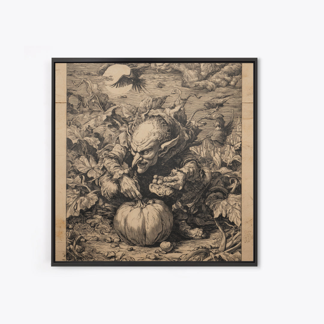 The Pumpkin Patch Goblin, Renaissance Engraving Art, Square Wall Art, Dark Halloween Decor, Framed Canvas Print, Halloween Wall Art