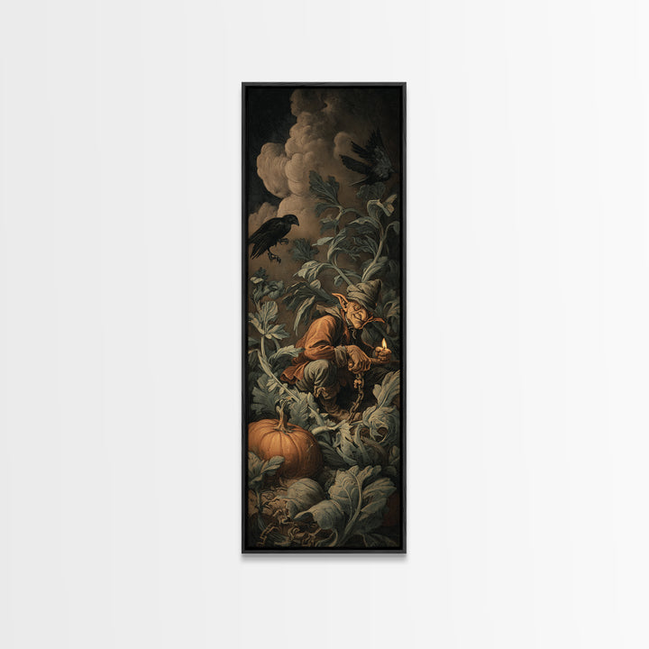 The Pumpkin Patch Goblin, Architectural Etching Art, Tall Narrow Wall Art, Dark Halloween Decor, Framed Canvas Print