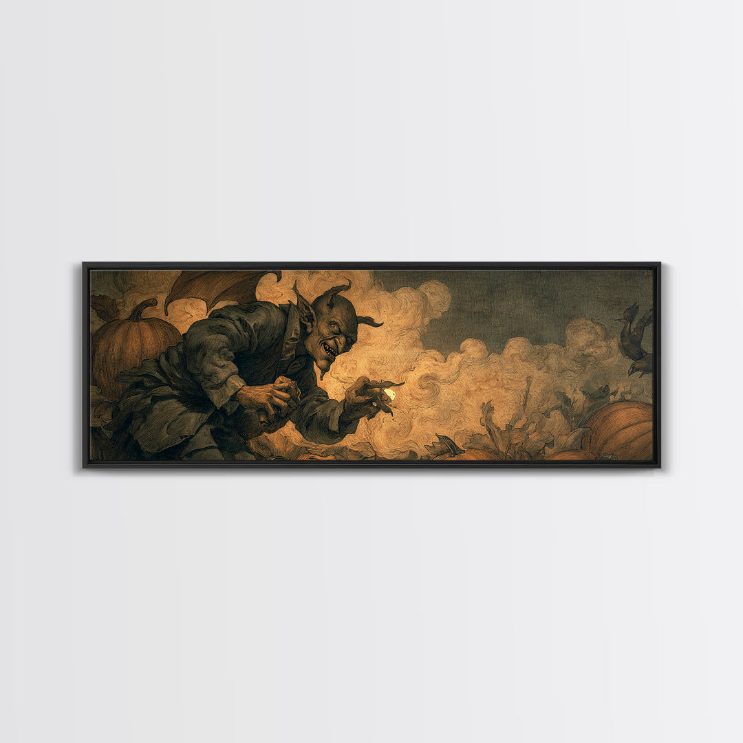 The Pumpkin Patch Goblin, Dark Symbolist Art, Extra Wide Wall Art, Dark Fantasy Wall Art, Canvas Print, Halloween Wall Art