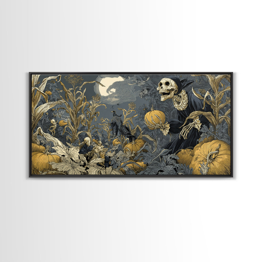 The Pumpkin Patch Goblin, Macabre Folk Print Art, Wide Panoramic Art, Dark Halloween Decor, Framed Canvas Print