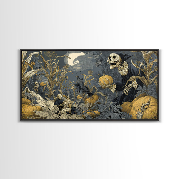 The Pumpkin Patch Goblin, Macabre Folk Print Art, Wide Panoramic Art, Dark Halloween Decor, Framed Canvas Print