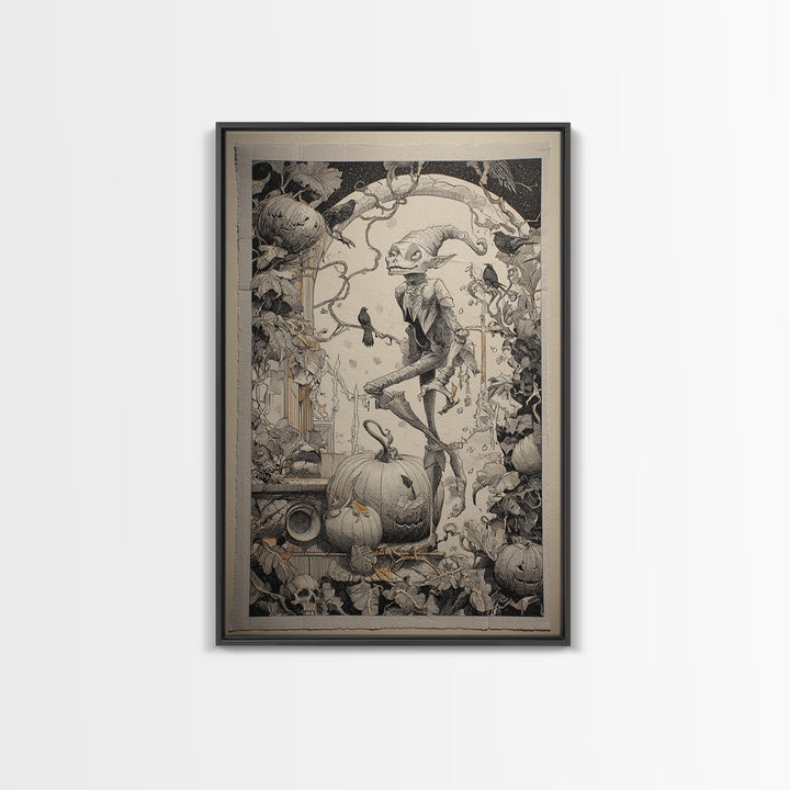 The Pumpkin Patch Goblin, Victorian Macabre Art, Vertical Wall Art, Dark Halloween Decor, Canvas Print, Halloween Wall Art