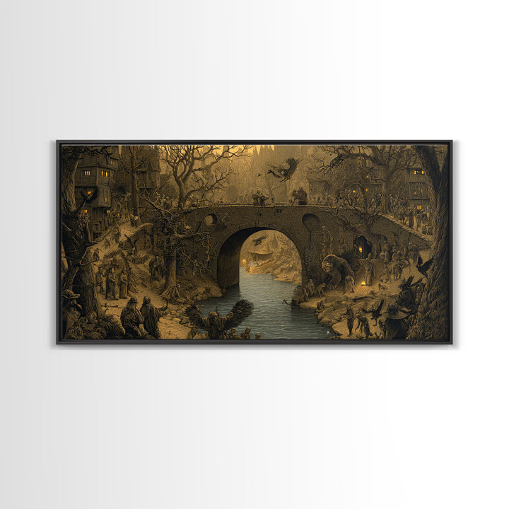 The Bridge Troll At Midnight, Northern Renaissance Horror, Wide Panoramic Art, Gothic Horror Wall Art, Framed Canvas Print
