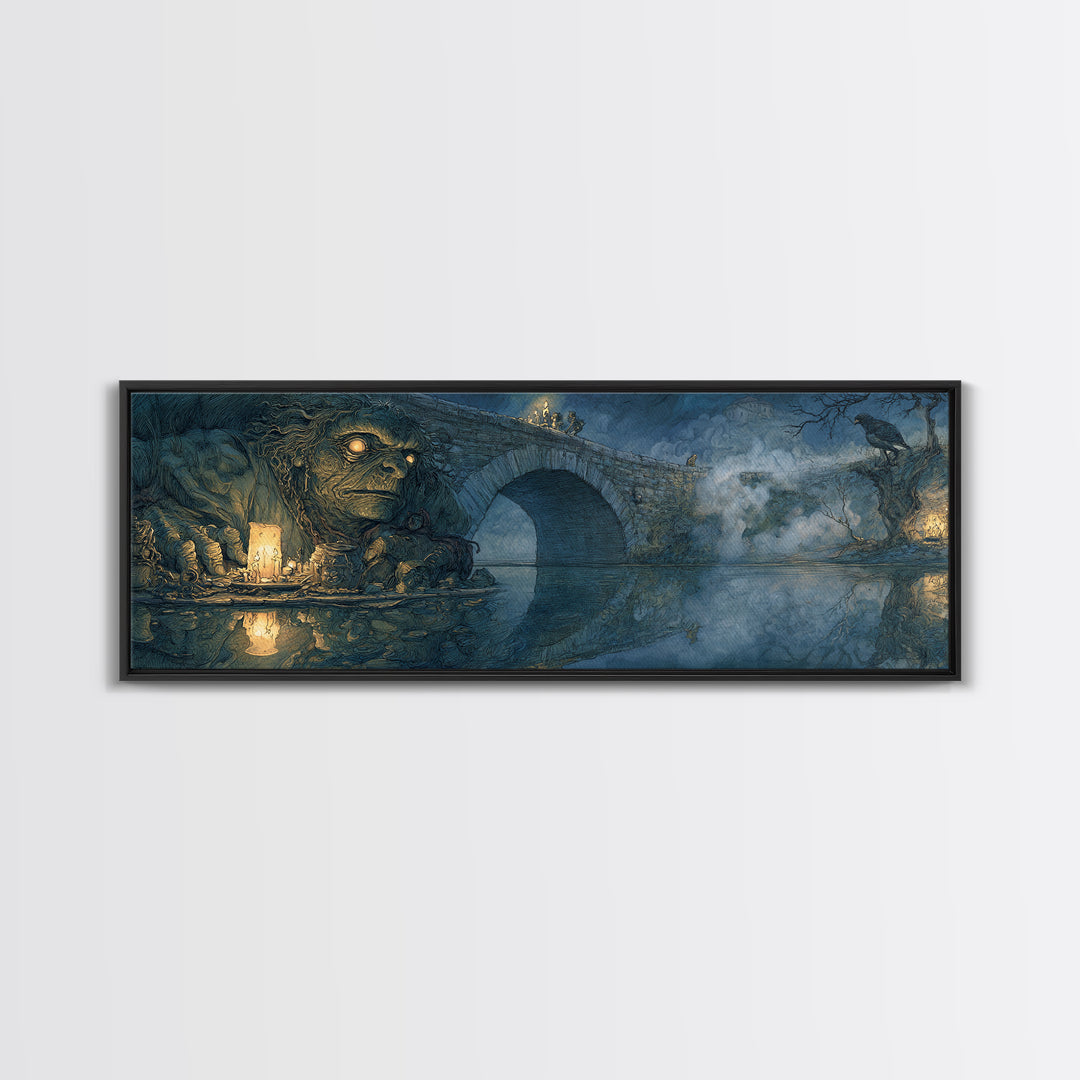 The Bridge Troll At Midnight, Dark Renaissance Art, Extra Wide Wall Art, Macabre Wall Art, Canvas Print, Halloween Wall Art