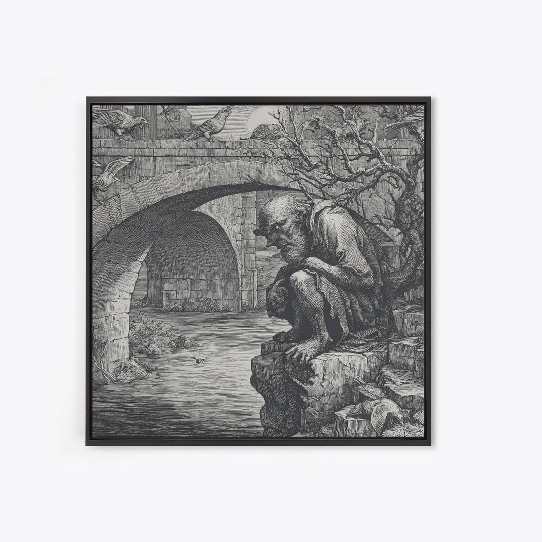 The Bridge Troll At Midnight, Renaissance Engraving Art, Square Wall Art, Gothic Horror Wall Art, Canvas Print, Halloween Wall Art
