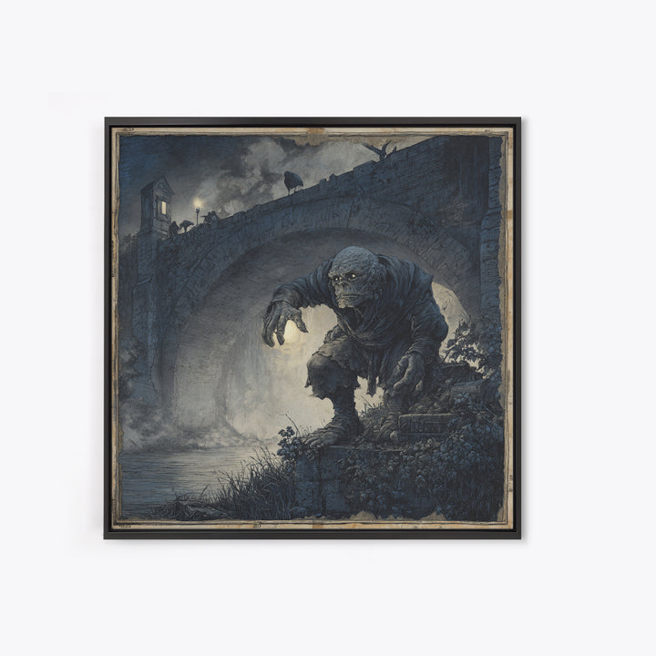 The Bridge Troll At Midnight, Danse Macabre Art, Square Wall Art, Macabre Wall Art, Framed Canvas Print, Halloween Decor