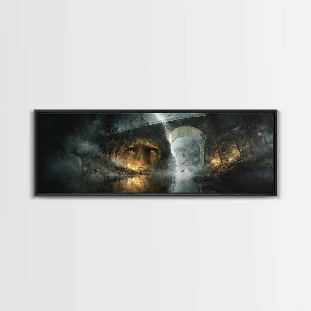 The Bridge Troll At Midnight, Visionary Gothic Art, Extra Wide Wall Art, Dark Halloween Decor, Framed Canvas Print, Halloween Wall Art