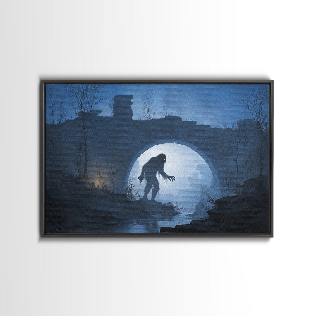 The Bridge Troll At Midnight, Romantic Gothic Landscape, Landscape Wall Art, Macabre Wall Art, Canvas Print, Halloween Wall Art