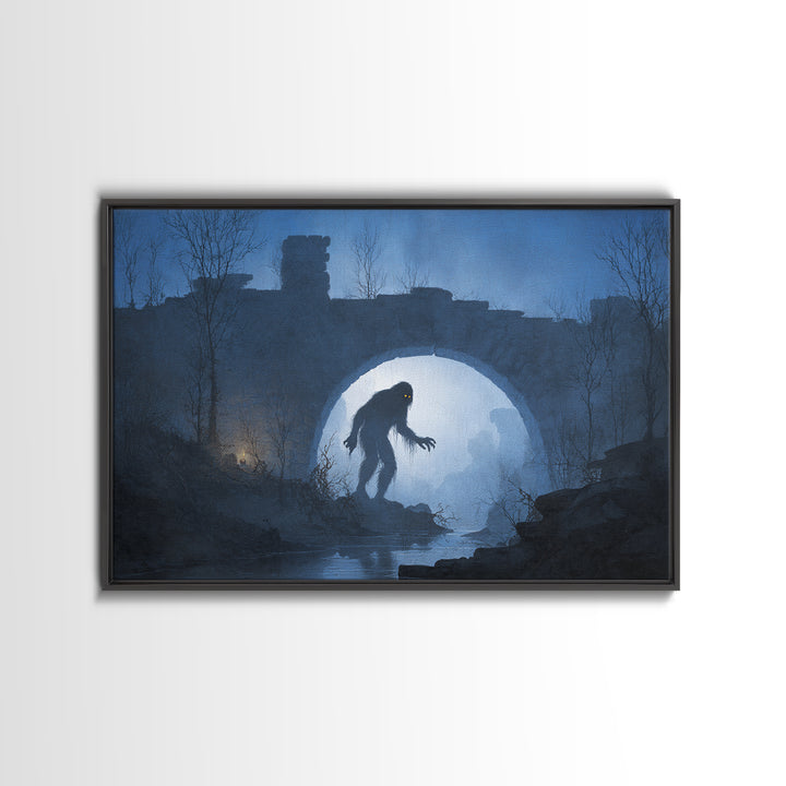 The Bridge Troll At Midnight, Romantic Gothic Landscape, Landscape Wall Art, Macabre Wall Art, Canvas Print, Halloween Wall Art