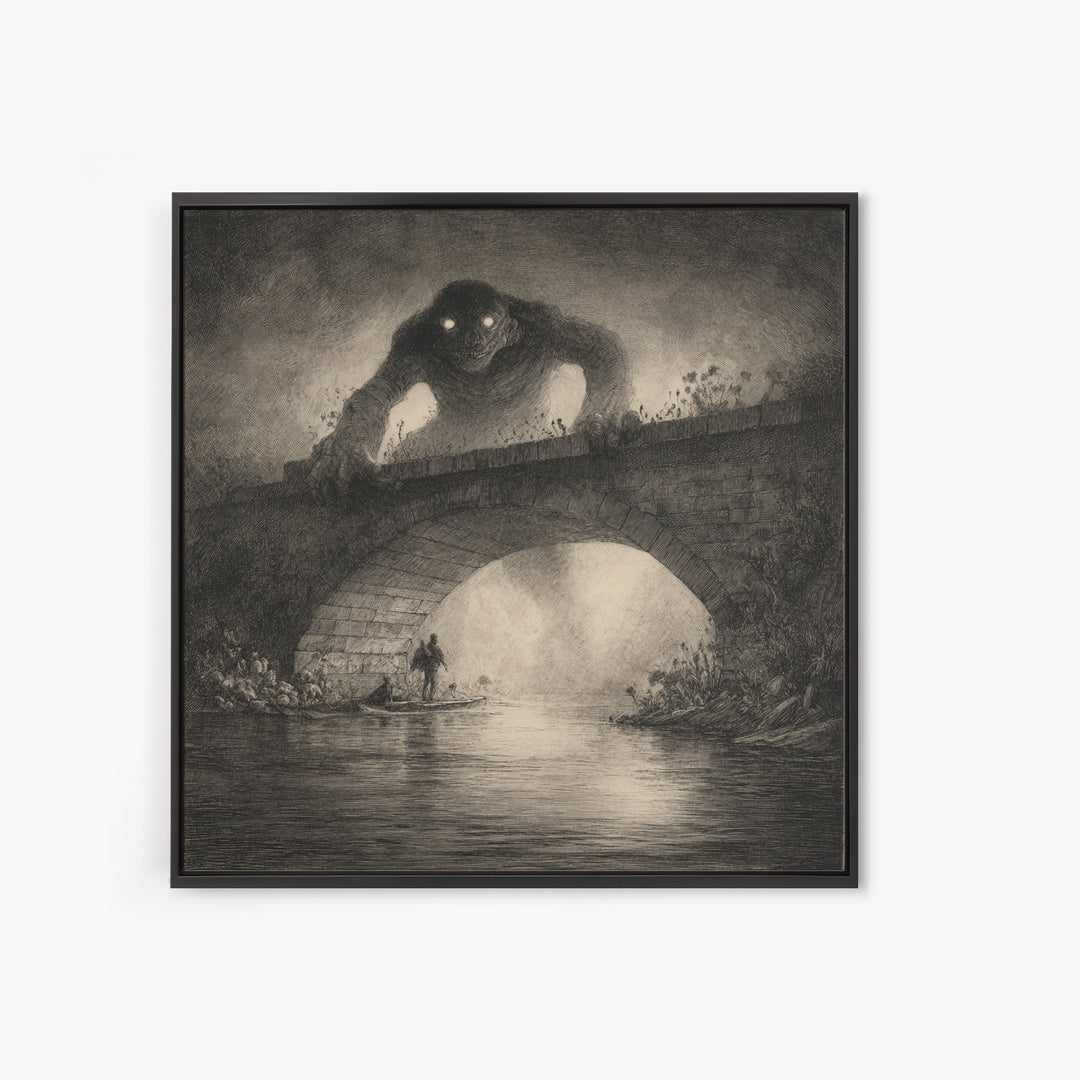 The Bridge Troll At Midnight, Symbolist Dream Art, Square Wall Art, Gothic Horror Wall Art, Framed Canvas Print, Halloween Wall Art