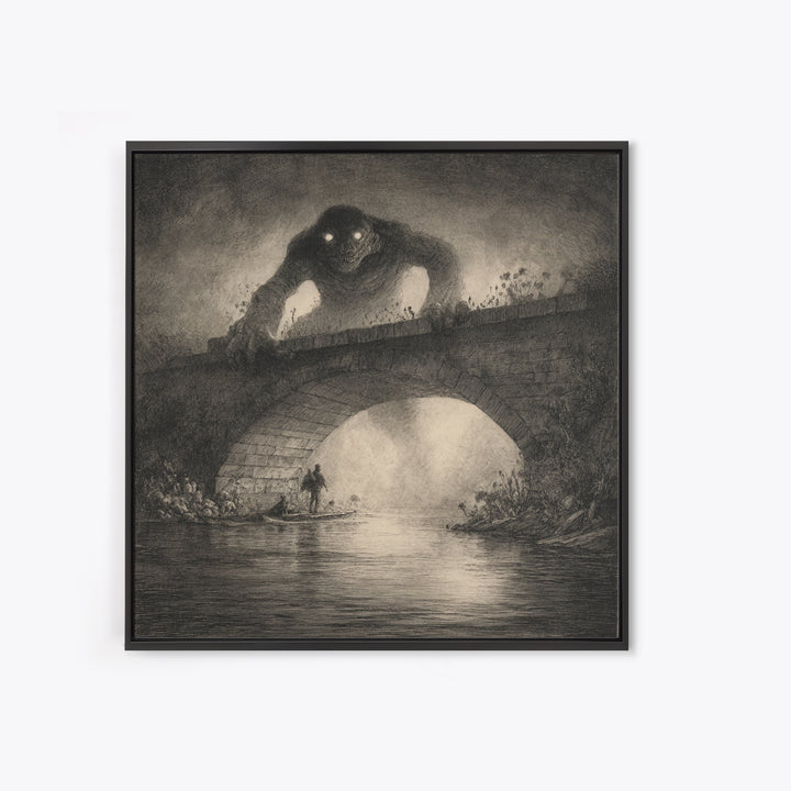 The Bridge Troll At Midnight, Symbolist Dream Art, Square Wall Art, Gothic Horror Wall Art, Framed Canvas Print, Halloween Wall Art