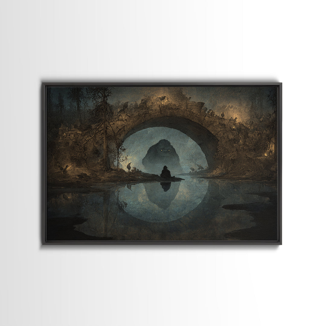 The Bridge Troll At Midnight, Symbolist Gothic Landscape, Landscape Wall Art, Dark Halloween Decor, Canvas Print, Halloween Wall Art