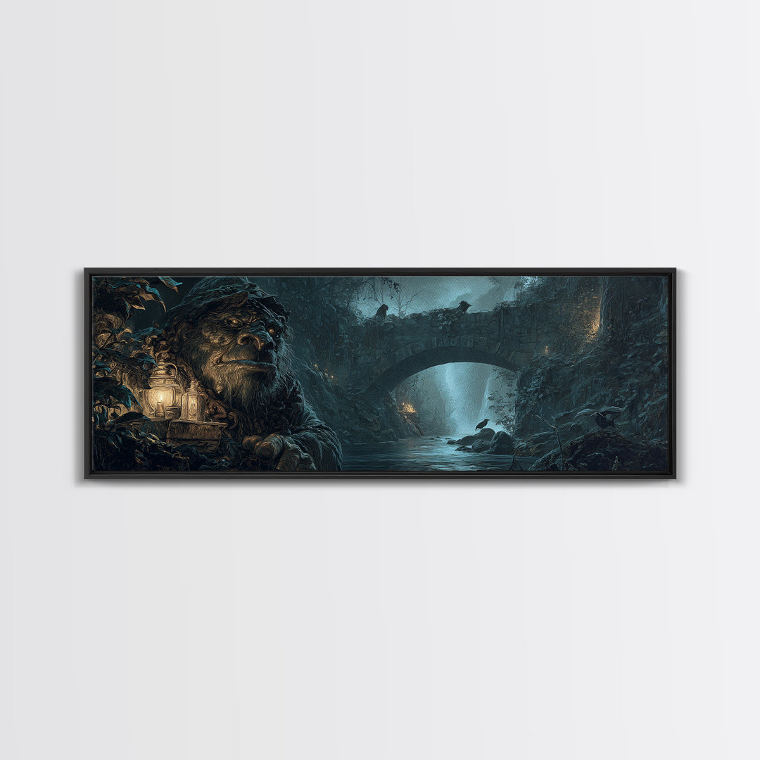 The Bridge Troll At Midnight, Ornate Symbolist Art, Extra Wide Wall Art, Dark Halloween Decor, Framed Canvas Print