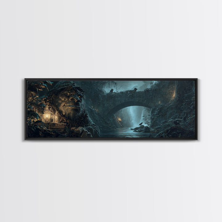 The Bridge Troll At Midnight, Ornate Symbolist Art, Extra Wide Wall Art, Dark Halloween Decor, Framed Canvas Print