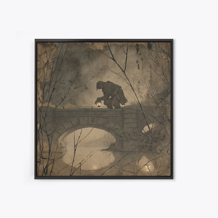 The Bridge Troll At Midnight, Decadent Gothic Art, Square Wall Art, Gothic Horror Wall Art, Canvas Print, Halloween Wall Art