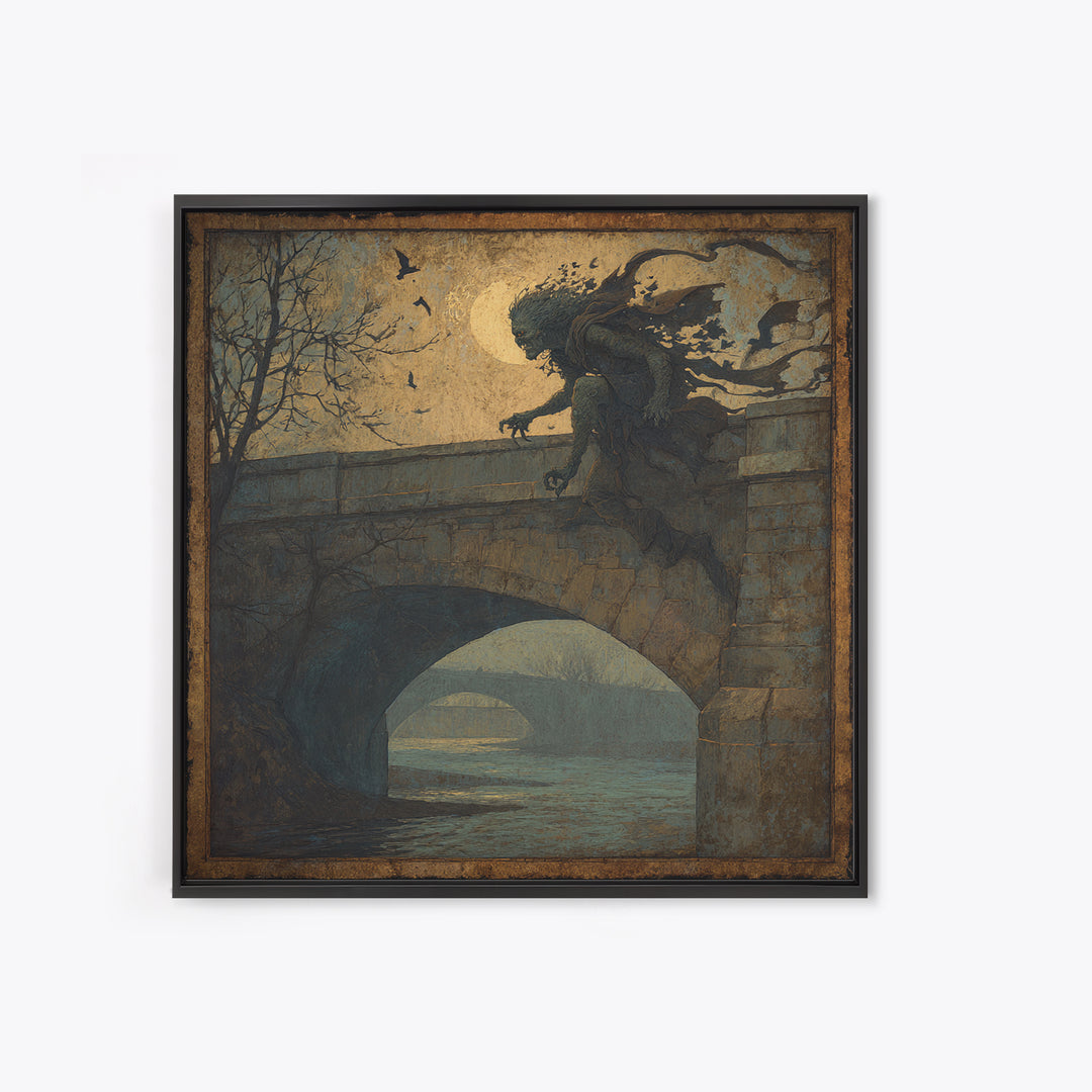 The Bridge Troll At Midnight, Dark Symbolist Art, Square Wall Art, Dark Fantasy Wall Art, Framed Canvas Print, Halloween Wall Art