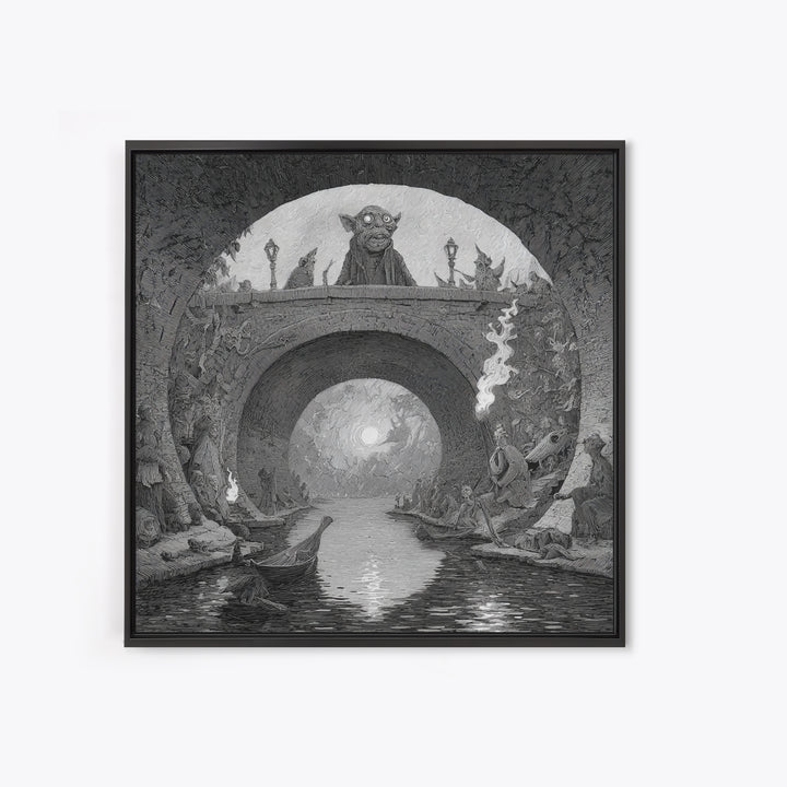 The Bridge Troll At Midnight, Expressionist Nightmare Art, Square Wall Art, Macabre Wall Art, Framed Canvas Print, Halloween Wall Art