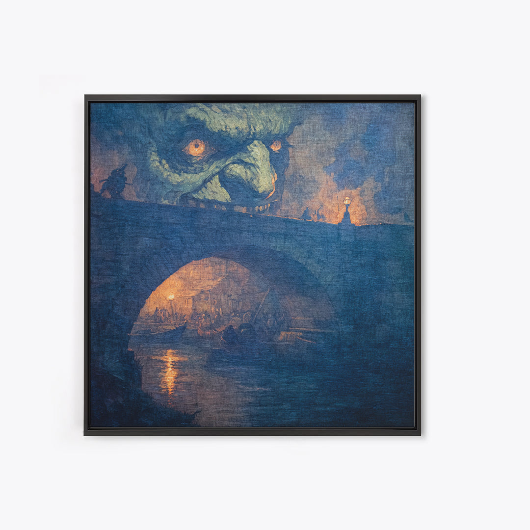 The Bridge Troll At Midnight, Grotesque Carnival Art, Square Wall Art, Dark Halloween Decor, Framed Canvas Print, Halloween Wall Art