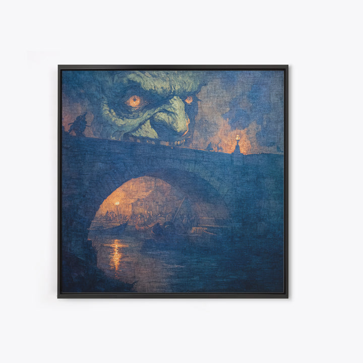 The Bridge Troll At Midnight, Grotesque Carnival Art, Square Wall Art, Dark Halloween Decor, Framed Canvas Print, Halloween Wall Art
