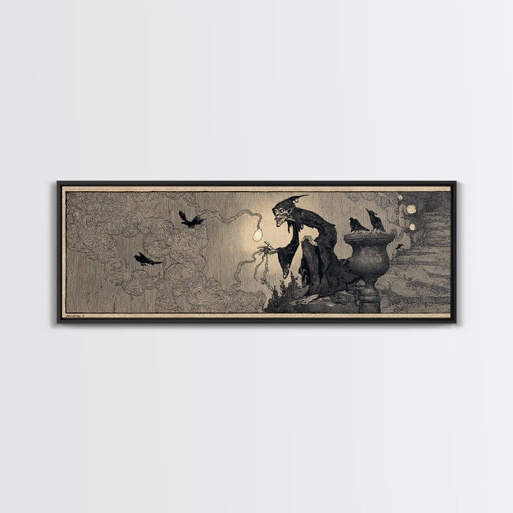 The Bridge Troll At Midnight, Decadent Line Art, Extra Wide Wall Art, Dark Fantasy Wall Art, Canvas Print, Halloween Wall Art