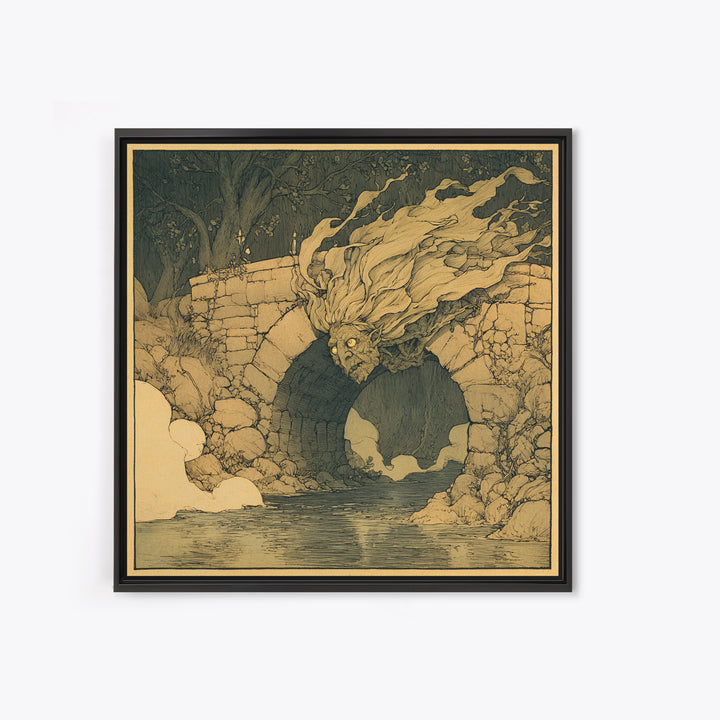 The Bridge Troll At Midnight, Gothic Storybook Art, Square Wall Art, Macabre Wall Art, Framed Canvas Print, Halloween Wall Art