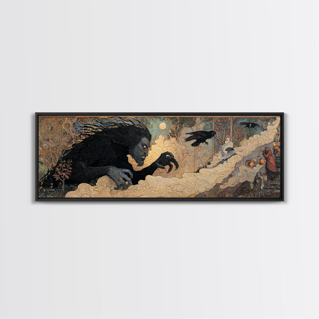 The Bridge Troll At Midnight, Stained Glass Gothic Art, Extra Wide Wall Art, Macabre Wall Art, Canvas Print, Halloween Wall Art