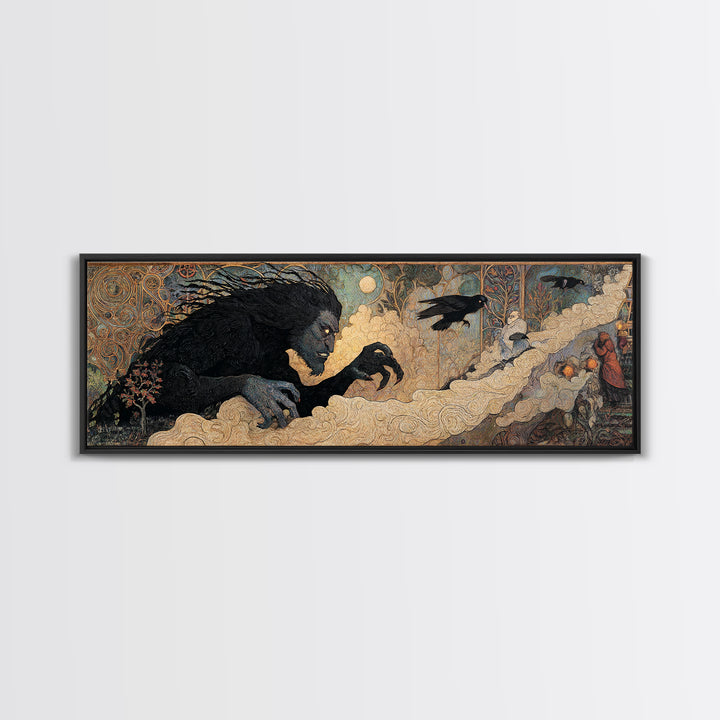 The Bridge Troll At Midnight, Stained Glass Gothic Art, Extra Wide Wall Art, Macabre Wall Art, Canvas Print, Halloween Wall Art