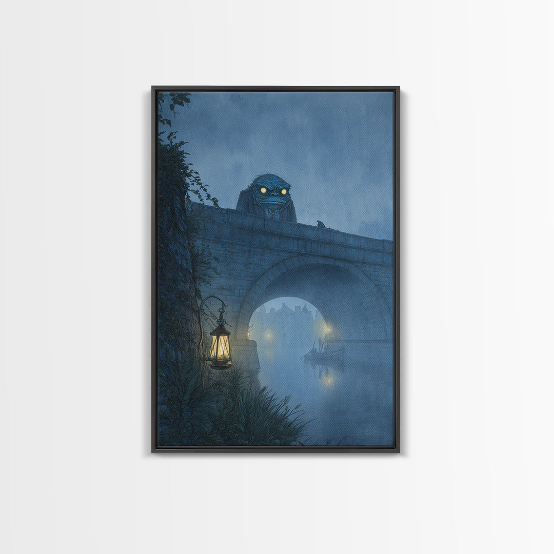 The Bridge Troll At Midnight, Victorian Macabre Art, Vertical Wall Art, Dark Fantasy Wall Art, Framed Canvas Print, Halloween Wall Art