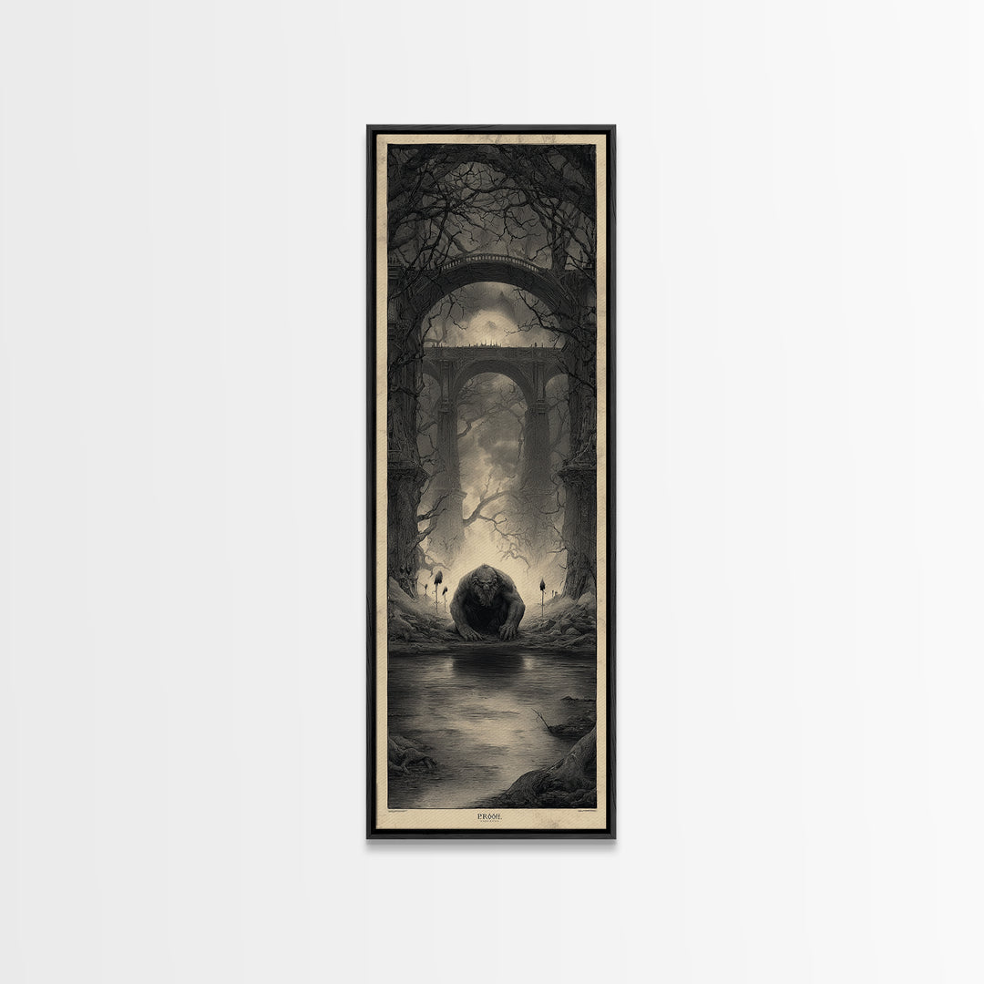 The Bridge Troll At Midnight, Surreal Apocalyptic Art, Tall Narrow Wall Art, Gothic Horror Wall Art, Canvas Print