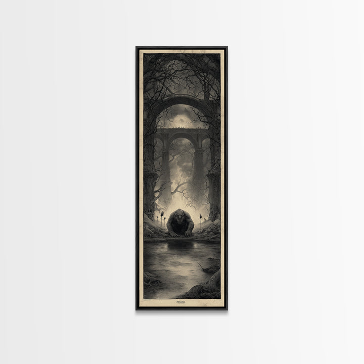The Bridge Troll At Midnight, Surreal Apocalyptic Art, Tall Narrow Wall Art, Gothic Horror Wall Art, Canvas Print