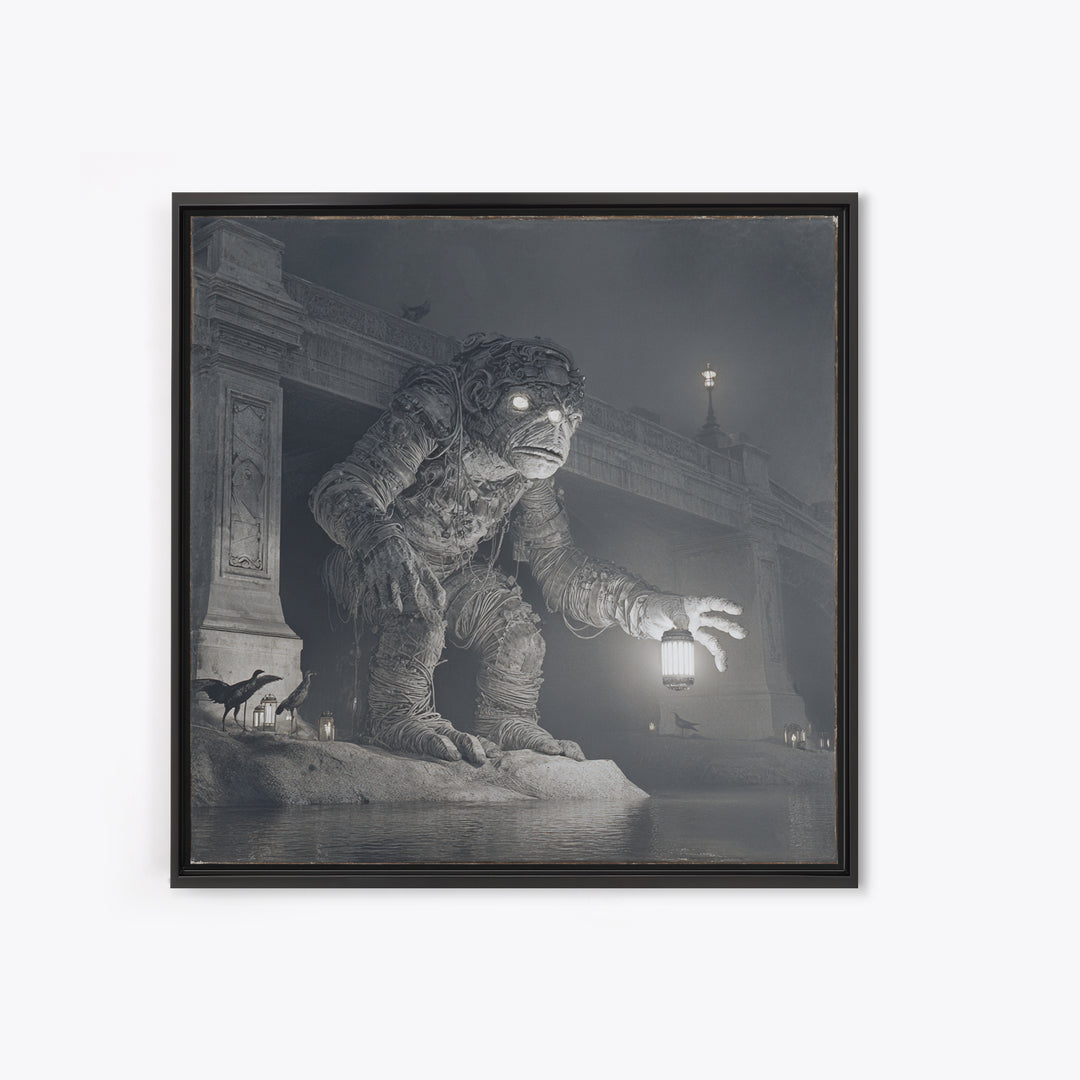 The Bridge Troll At Midnight, Biomechanical Horror Art, Square Wall Art, Dark Halloween Decor, Canvas Print, Halloween Wall Art